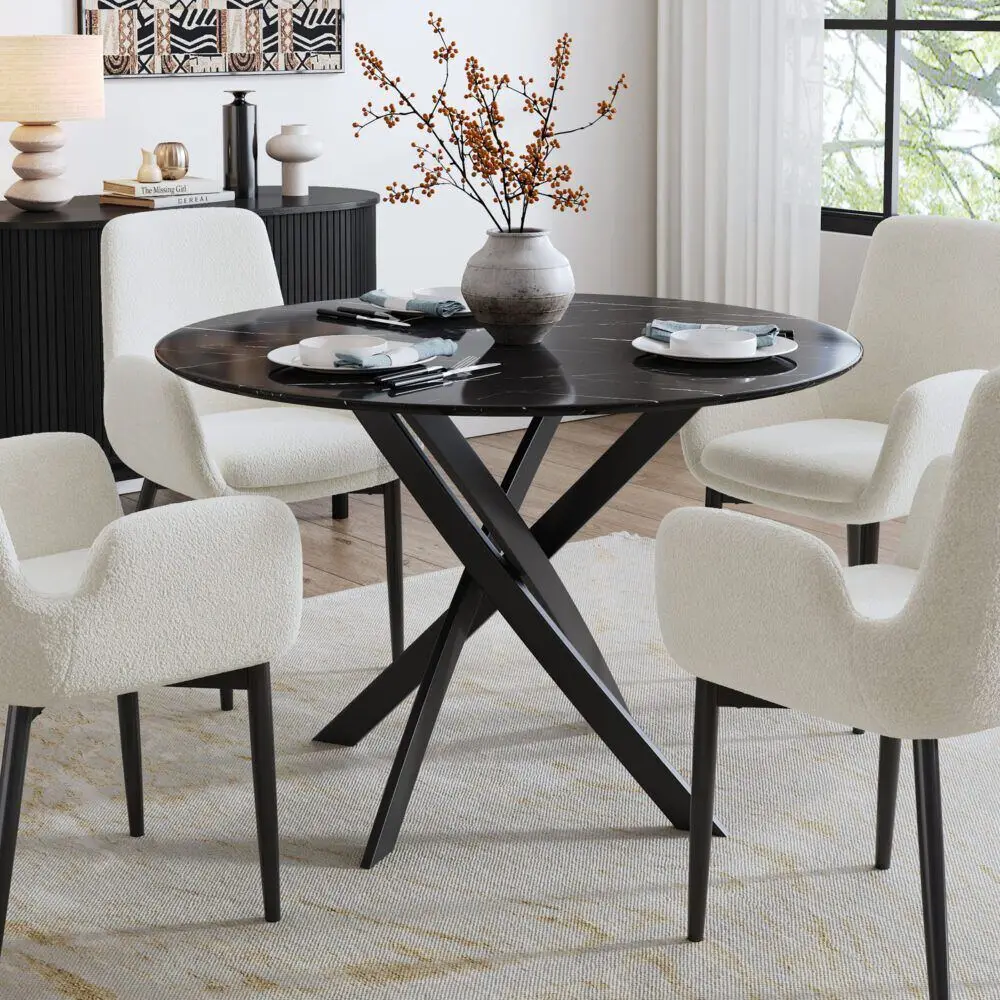 Round Marble-Effect Table – Black