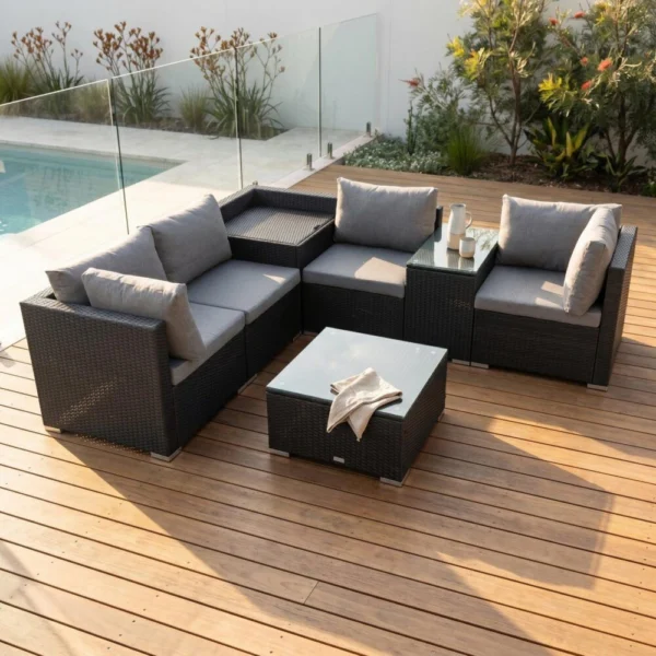 7-Piece Outdoor Wicker Loveseat Setting with Storage Corner (Black)