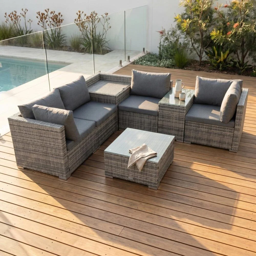 7-Piece Outdoor Wicker Lounge with Storage Corner (Grey)