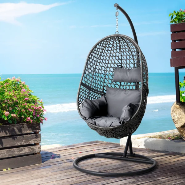 Gardeon Outdoor Egg Swing Chair Wicker Rattan Furniture Pod Stand Cushion – Black