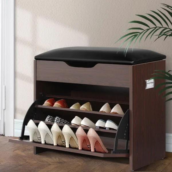 Artiss Shoe Rack Cabinet Bench 3-Tier 15 Pairs – Walnut