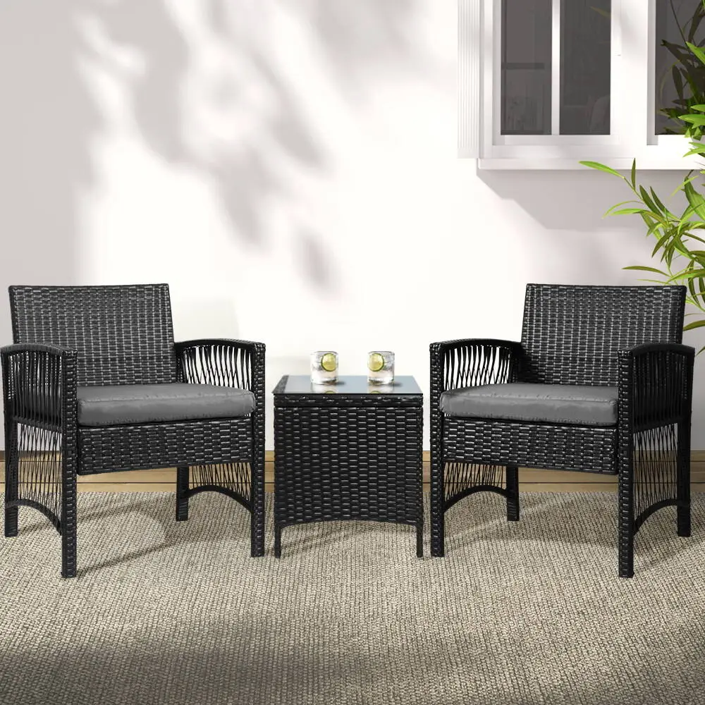 Gardeon 3-Piece Outdoor Bistro Set Patio Furniture Wicker Dining Chairs Table Cushion – Black