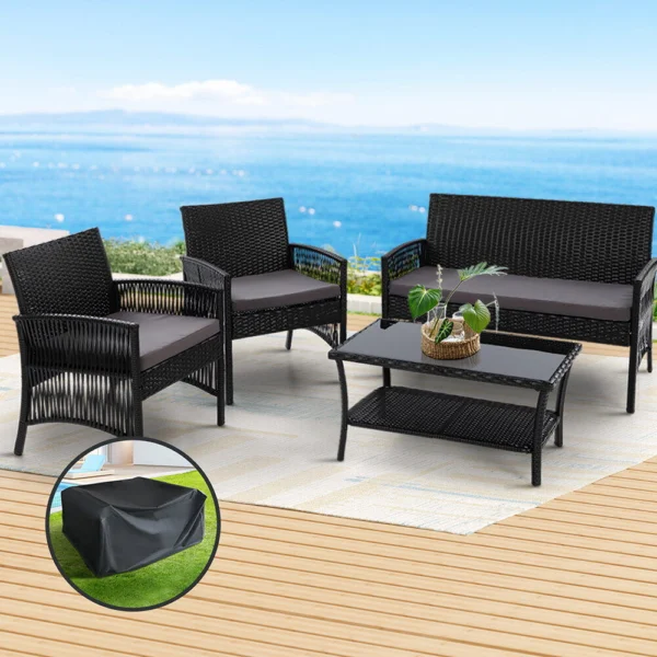 Gardeon 4-Piece OutdoorSofa Set with Storage Cover Wicker Harp Chair Table – Black