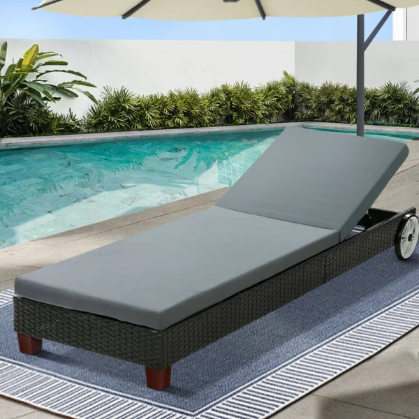 Gardeon Sun Lounge Wicker Lounger Outdoor Furniture Day Bed Wheels Patio – Black