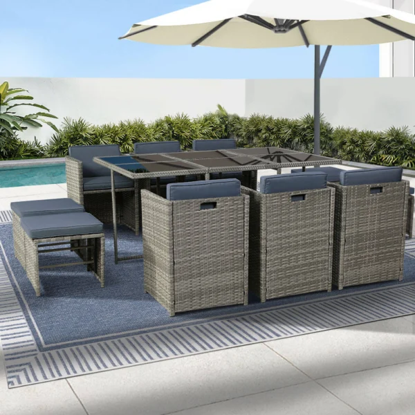 Gardeon Outdoor Dining Set 11 Piece Wicker Table Chairs Setting – Grey