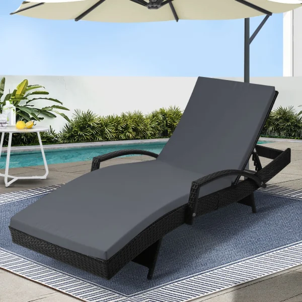 Gardeon Sun Lounge Wicker Lounger Outdoor Furniture Beach Chair Patio Adjustable Cushion – Black