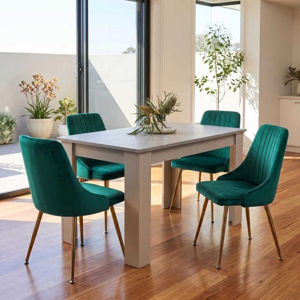 Grey Rectangular Dining Table with 4x Green Velvet Chairs
