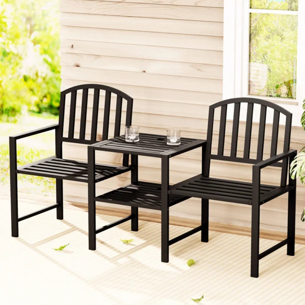 Gardeon Outdoor Garden Bench Seat Loveseat Steel Table Chairs Patio Furniture – Black