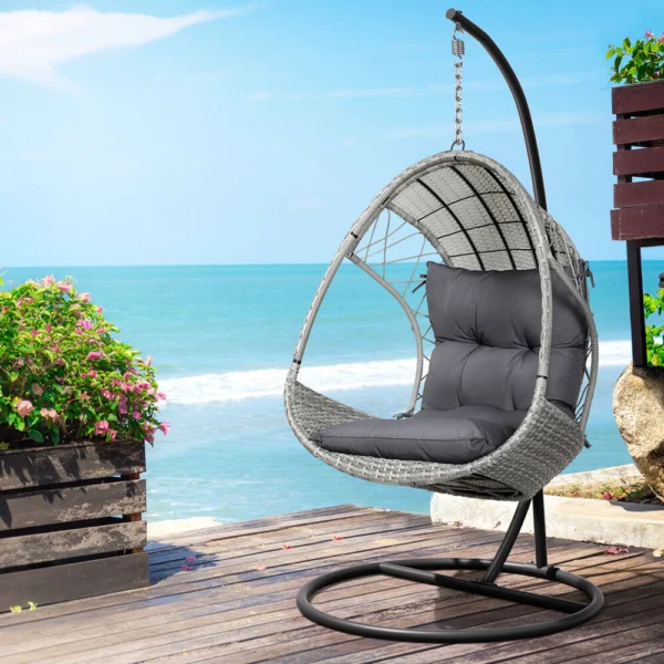 Gardeon Outdoor Egg Swing Chair Wicker Furniture Pod Stand Armrest – Light Grey