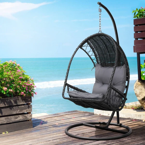 Gardeon Outdoor Egg Swing Chair Wicker Furniture Pod Stand Armrest – Black