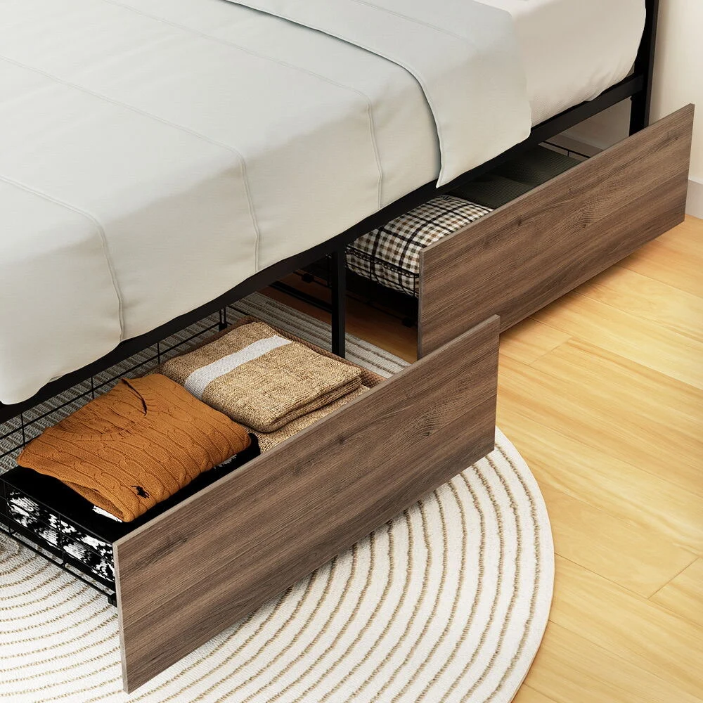 Artiss 2x Bed Frame Storage Drawers Trundle – Walnut/Black