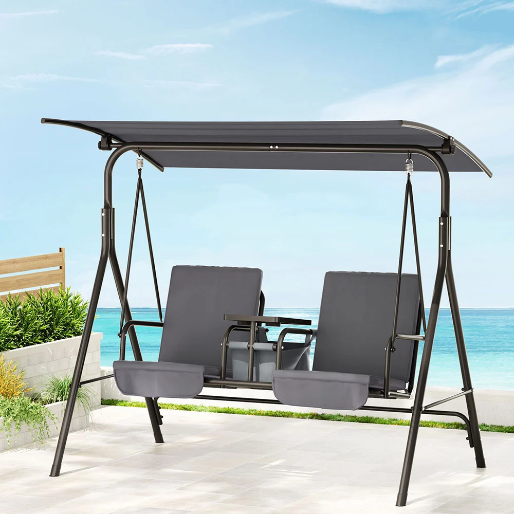 Gardeon Outdoor Swing Chair Garden Chair Canopy Cup Holder 2 Seater – Grey