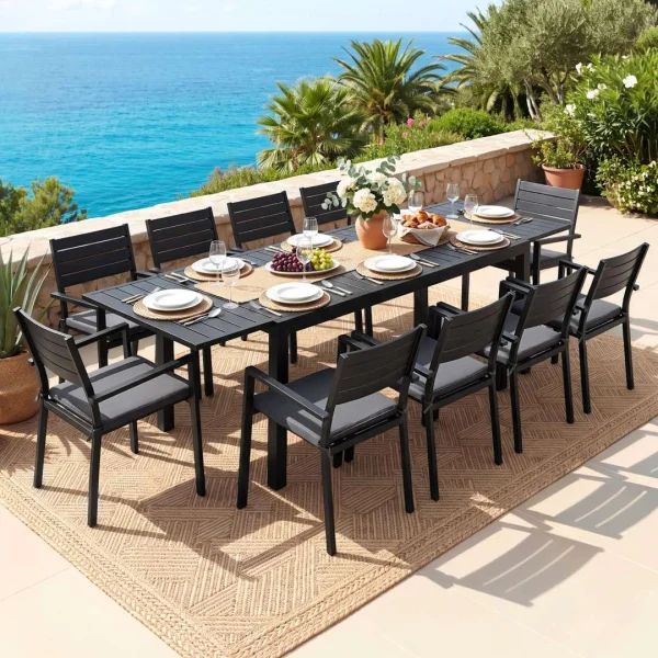 Gardeon Outdoor Dining Set 11-Piece Aluminium Extendable Table and Chairs Patio Furniture – Black