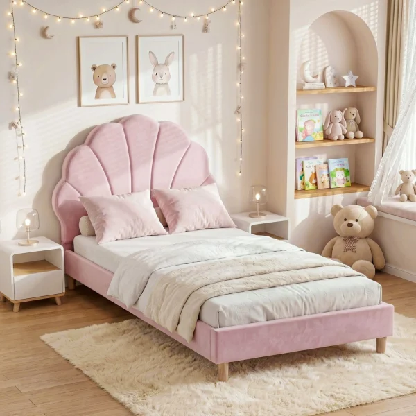 Artiss Single Bed Frame Scallop Upholstered Headboard Pink Velvet Platform Base Support Up to 180 kg