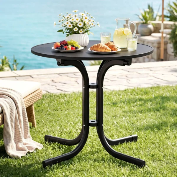 Gardeon Outdoor Side Table 80 cm Folding Steel Round Bistro Desk Cafe Patio Furniture – Black