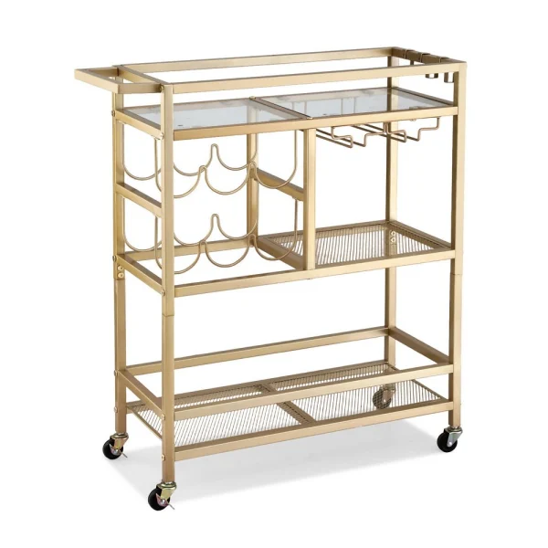 Artiss Bar Cart Drinks Trolley Serving Wine Rack Glass Holder 3 Hooks 72 cm – Gold