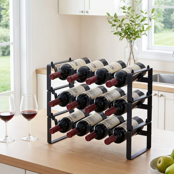 Artiss 3-Tier Wine Rack Metal Freestanding 12 Bottles Modular Countertop Wine Display Shelf – Black