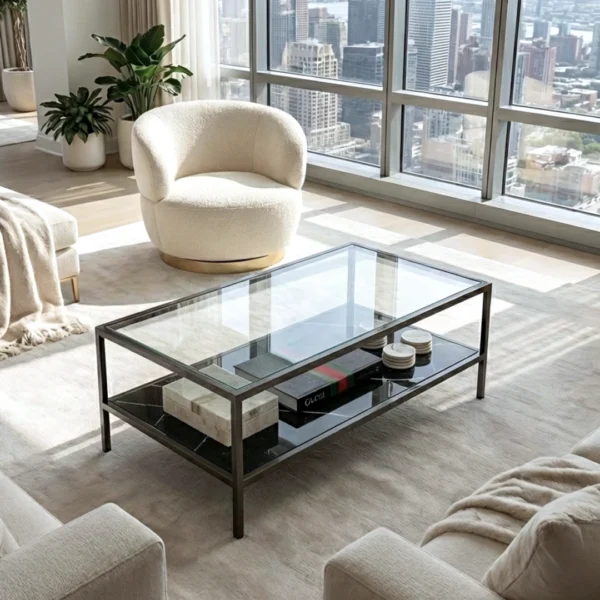 Interior Ave – Vogue Coffee Table – Black Marble-Look Sintered Stone & Glass