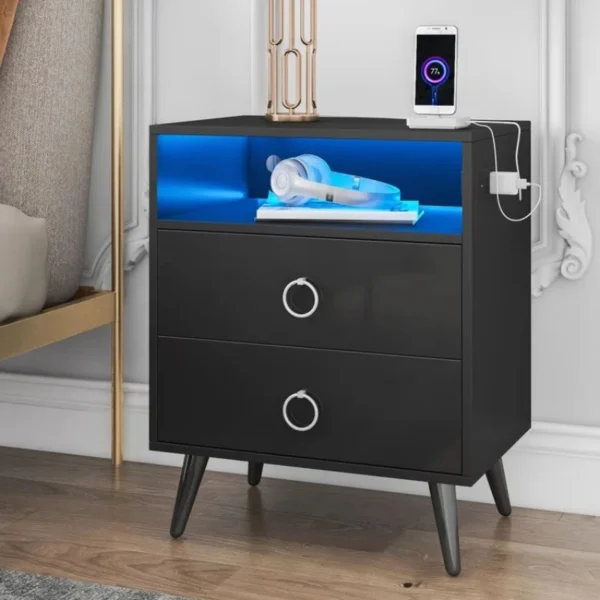 Amelia Modern LED Bedside Table with USB and Power Socket – Black
