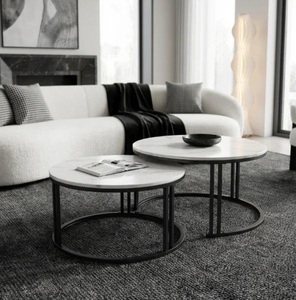 Interior Ave – Premier Nested Coffee Table Set – White Marble-Look Sintered Stone
