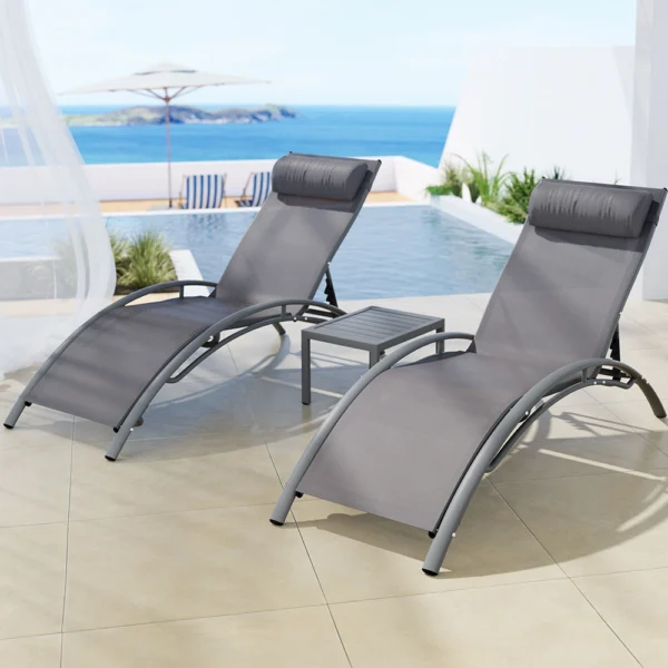 Gardeon 3-Piece Sun Lounge Outdoor Lounger Steel Table Chairs Patio Furniture – Grey