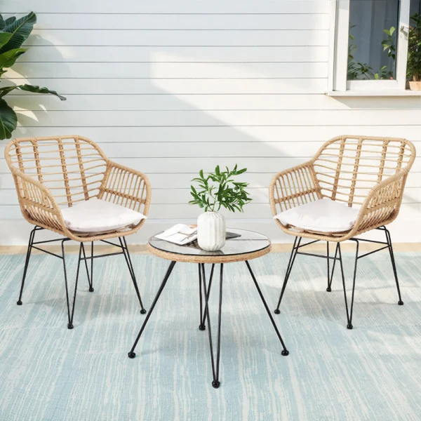 Gardeon 3-Piece Outdoor Furniture Bistro Set Lounge Setting Table Chairs Cushion Patio – Natural