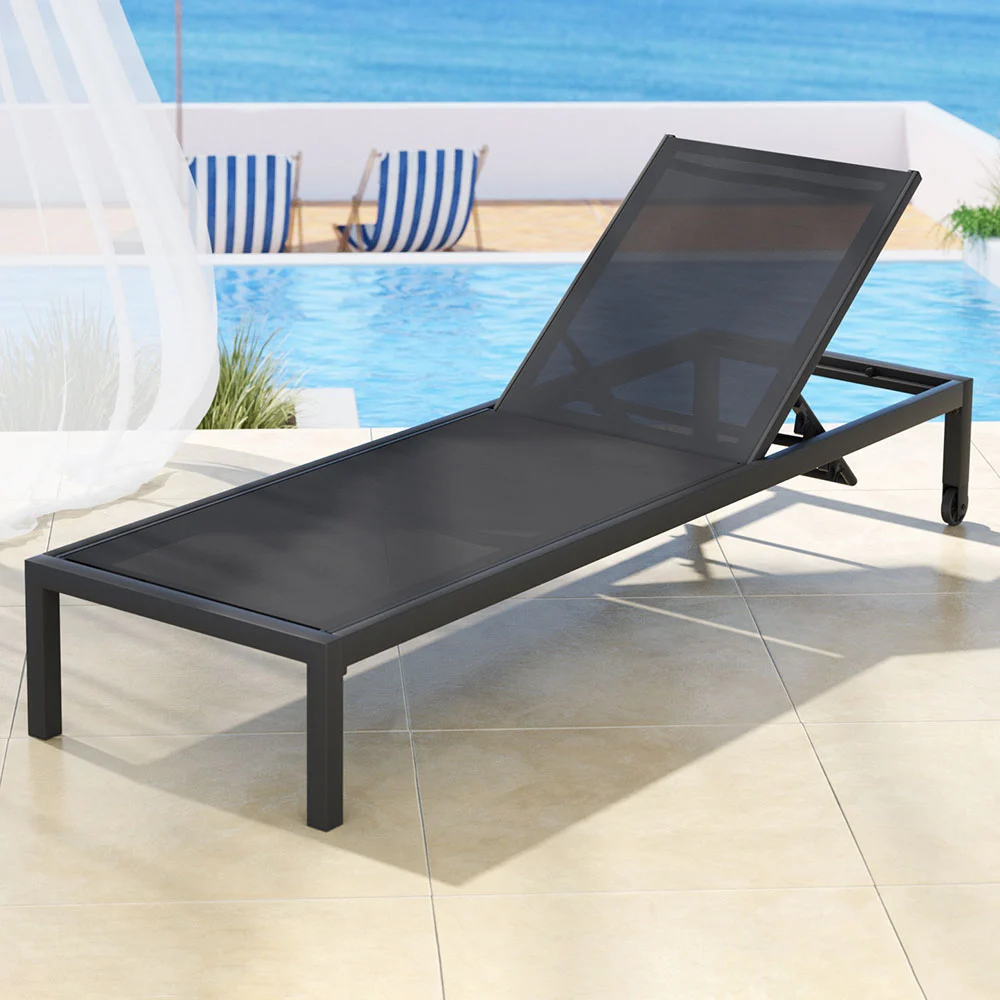 Gardeon Sun Lounge Outdoor Lounger Aluminium Folding Beach Chair Wheels – Black