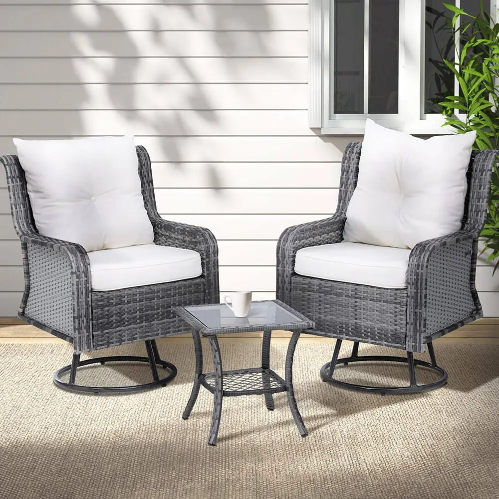Gardeon 3-Piece Outdoor Furniture Bistro Set Lounge Wicker Swivel Chairs Table Cushion – Grey