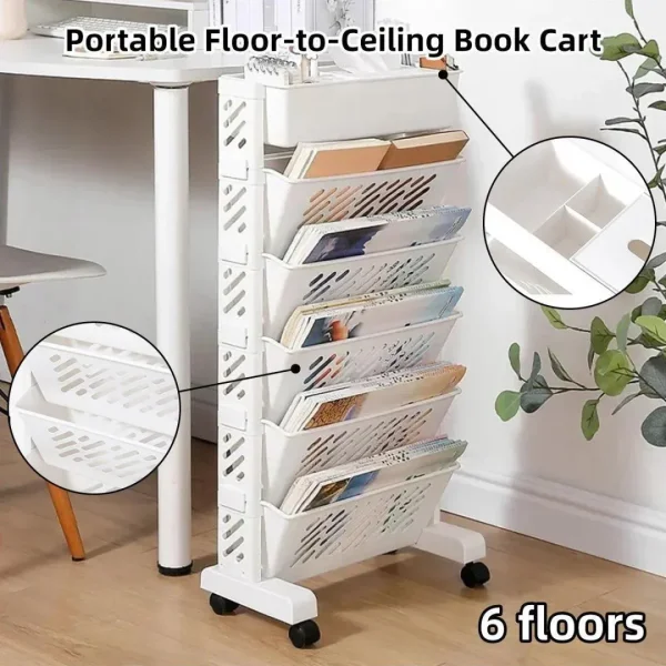 Six Tier Rolling Storage Cart Slim Magazine File Organiser – White