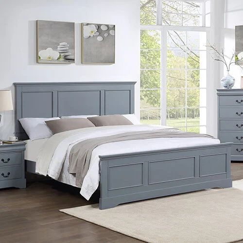King Bed Frame in Solid Wood with Slats Support in Grey Colour