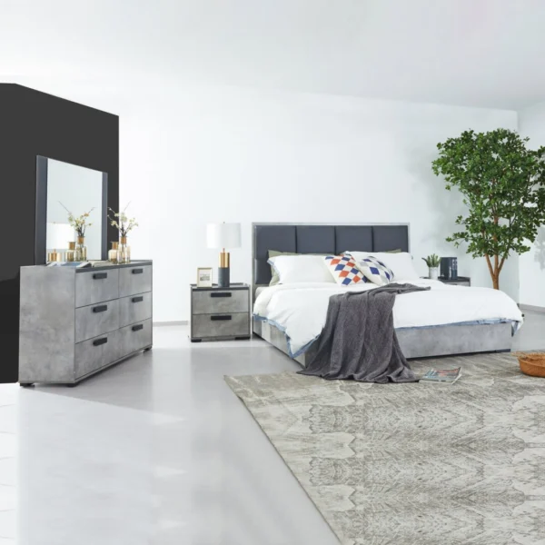 Queen 4-Piece Bedroom Suite with Dresser Fabric Upholstery MDF Combination of Black & Cement Colour