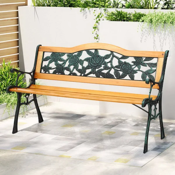 Gardeon Outdoor Garden Bench Seat 126 cm Wooden Cast Iron 3 Seater Patio Furniture