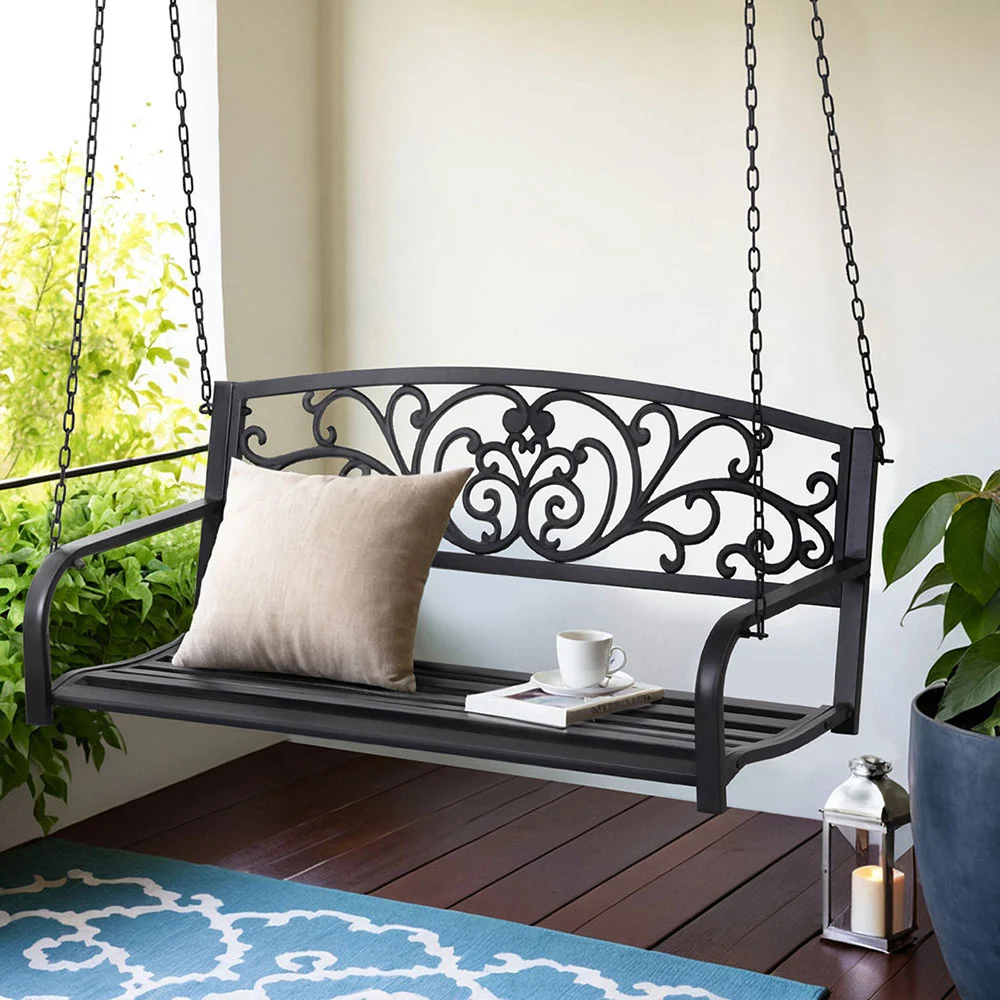 Gardeon Outdoor Porch Swing Chair Patio Furniture Floral Backrest 2 Seater – Black