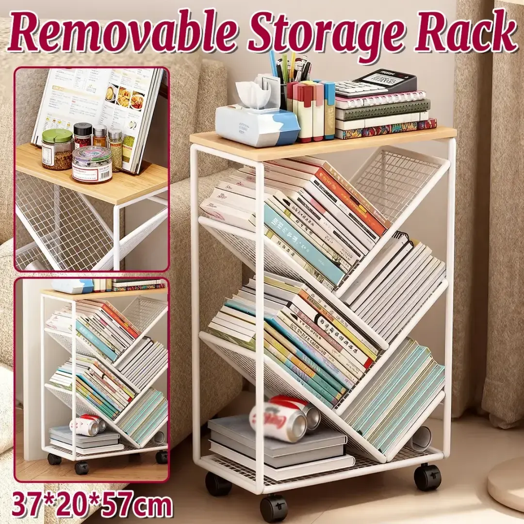 Mobile Wheeled Small Bookshelf Floor Storage Rack for Home Office Storage