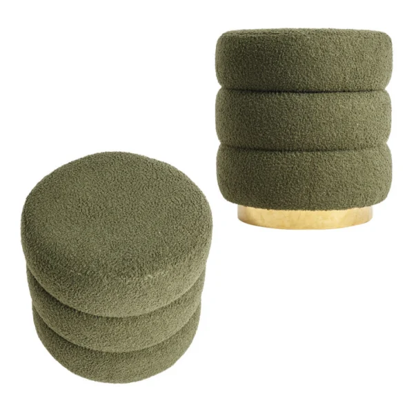 2X Round Stacked Ottoman Stool Teddy Fleece Fabric Foot Rest 38 cm – Green