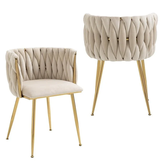SERENITà Ivory Modern Hand Weaving Dining Chairs, Velvet Upholstered Side Chairs with Gold Legs, Chic Vanity Chairs with Armrest, Accent Chair for Dining Room, and Cafe Set of 2