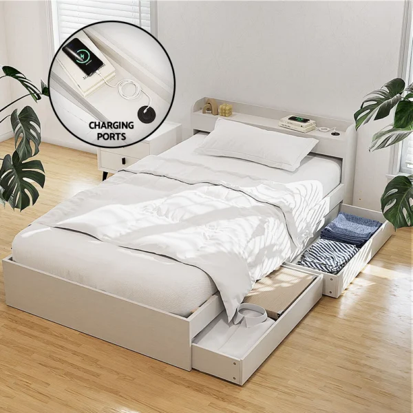 Artiss AURA Single with Charging Ports and 2 Drawers Bed Frame