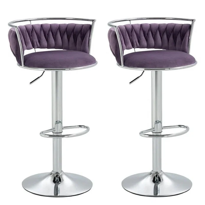SERENITà Silver Swivel Upholstered Velvet Adjustable Height Counter Stool with Metal Frame Voilet (Set of 2)