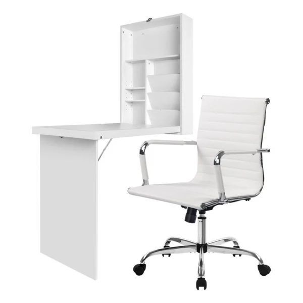 Artiss Computer Desk Office Chair Set PU Leather Wall Mount Foldable Table – White
