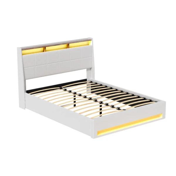 Artiss Bed Frame Gas Lift LED Beds Base Platform White PVC Leather Storage Headboard – Queen
