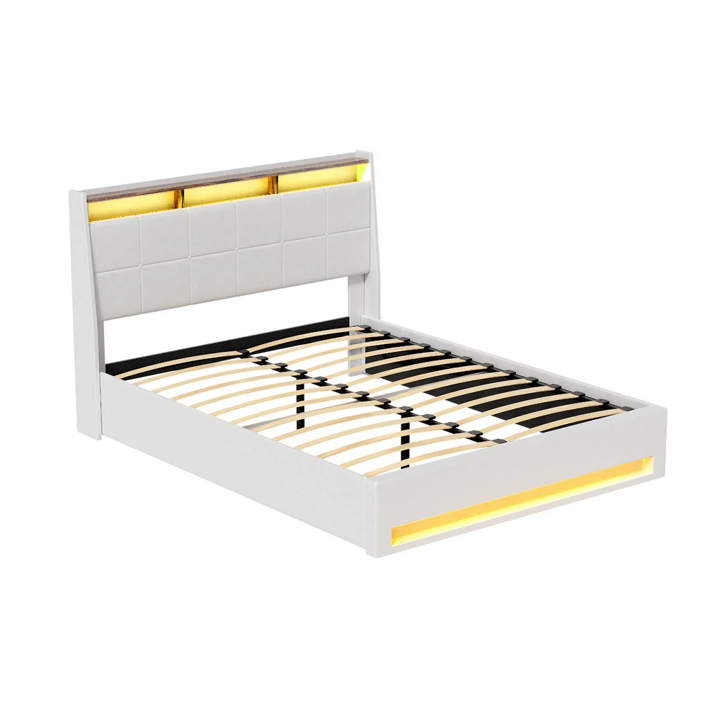 Artiss Bed Frame Gas Lift LED Beds Base Platform White PVC Leather Storage Headboard – Double