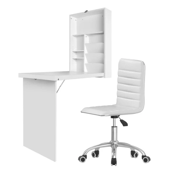 Artiss Computer Desk Office Chair Set PU Leather Wall Mount Foldable Table – White