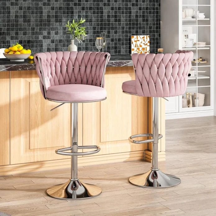 SERENITà Modern Silver Swivel Upholstered Velvet Adjustable Height Counter Stool with Metal Frame Pink (Set of 2)