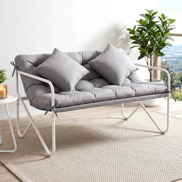 Gardeon Garden Bench 2 Seater Outdoor Bench Metal with Cushion 118 cm – White/Grey