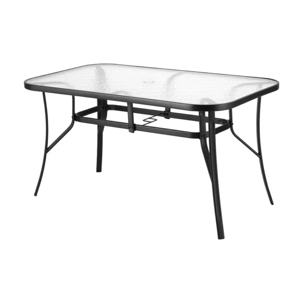 Gardeon 140 cm Outdoor Dining Table Steel Frame Tempered Glass Parasol Hole – Black