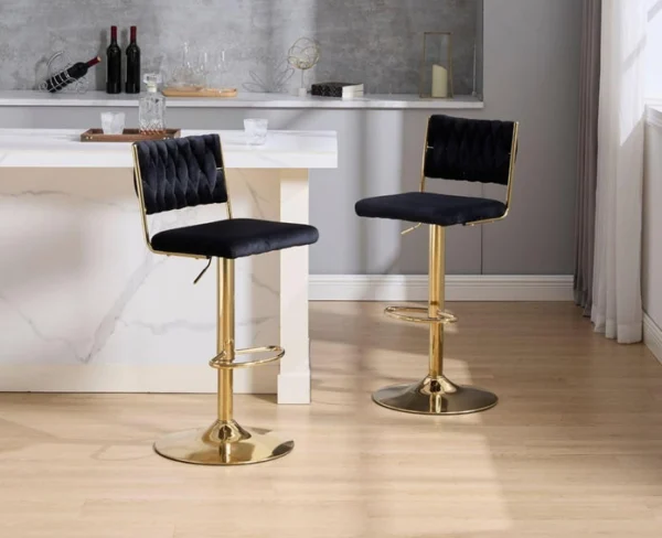 SERENITà 2x Velvet Bar Stools with Braided Back Elegant Kitchen High Chairs, Kitchen Island Stools Adjustable Height Swivel Bar Chairs with Gold Legs for Home – Black