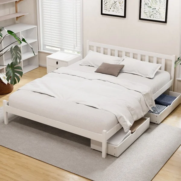 Artiss Bed Frame Queen Size Wooden Platform with 2 Storage Drawers – White