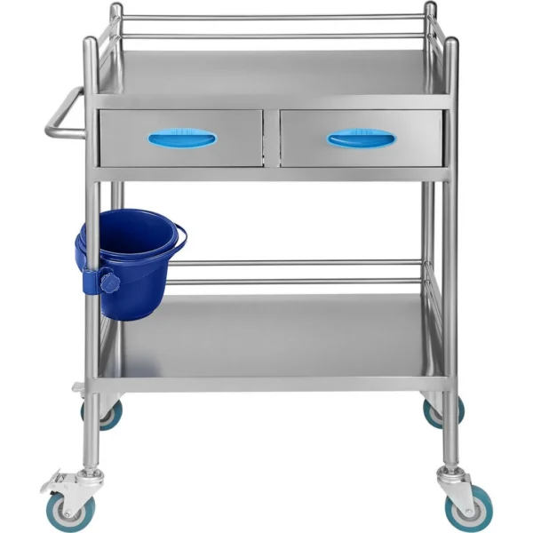 Lab Serving Cart, 2 Layers Stainless Steel Utility Rolling Cart, Medical Cart with Two Drawers, Dental Utility Cart with Lockable Wheels and a Bucket, for Laboratory, Hospital, Dental Use