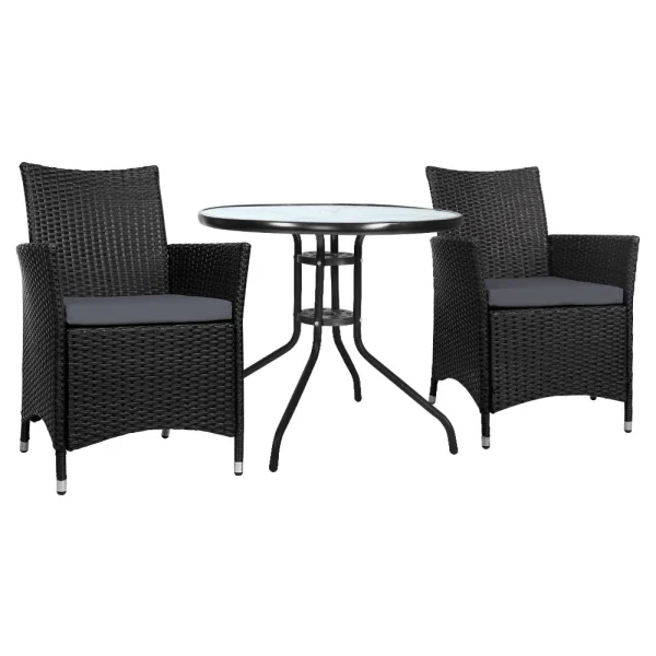 Gardeon 3-Piece Bistro Set Outdoor Furniture Rattan Table Chairs Cushion Patio Garden Idris