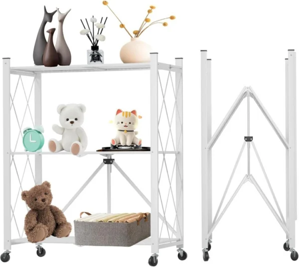 CARLA HOME 3-Tier Foldable Storage Shelf with Wheels for Kitchen, Garage, Pantry or Basement (White)
